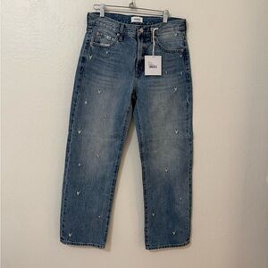 pistola mid rise bowed straight Jeans with Heart Embroidery